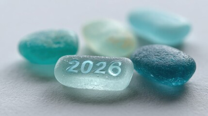 The year 2026 etched on a piece of blue sea glass, close-up