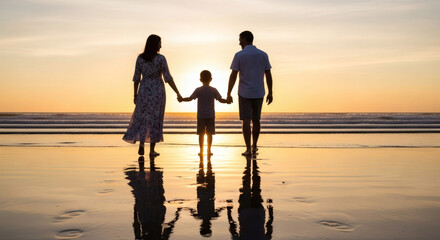 Silhouetted family walking hand-in-hand along the serene beach at sunset, enjoying a beautiful golden hour moment together by the ocean, embodying love and connection.
