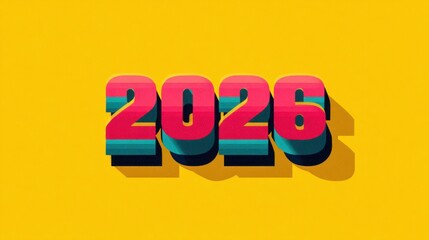 Bold and colorful 2026 graphic in a retro 3D typography style