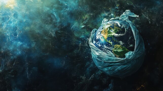 Fragile planet earth suffocating in plastic waste bag floating in space