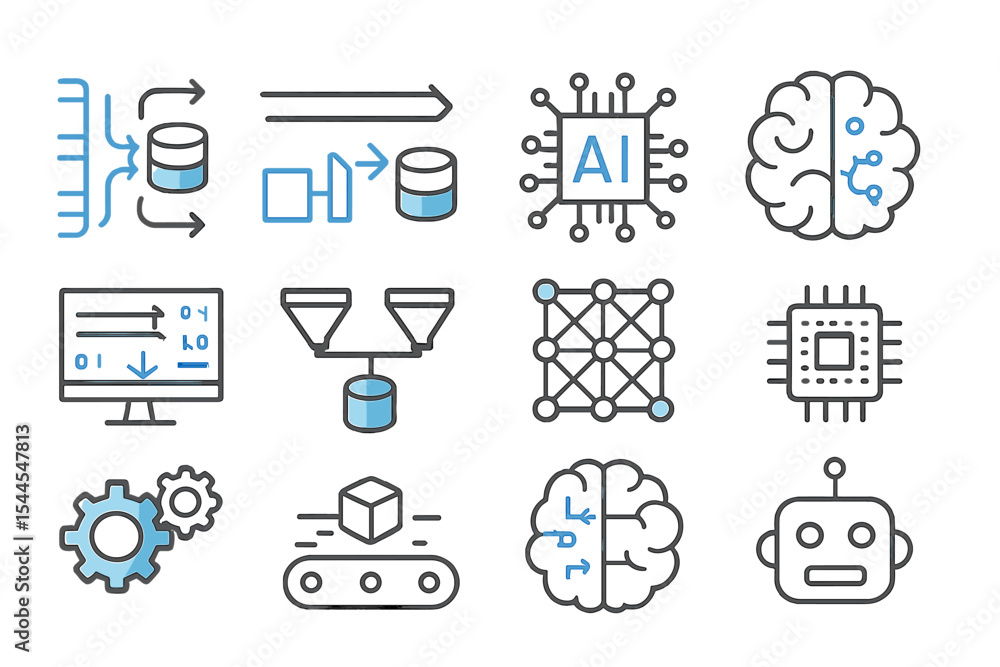 Poster artificial intelligence and data processing icons with brain and robot symbols