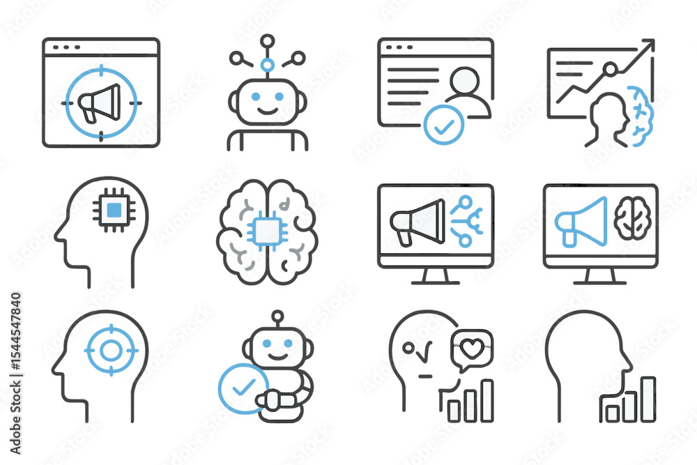 Poster artificial intelligence concepts with robot icons and human brain illustrations