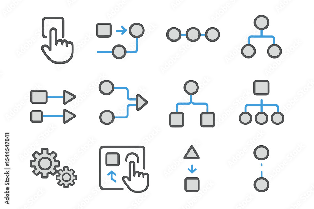 Poster abstract flowchart icons on grayscale background with blue highlights