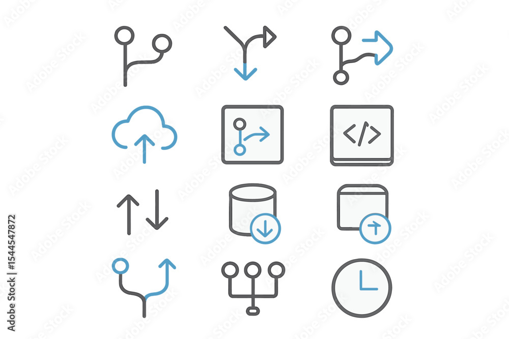 Poster technology icons representing cloud, code, and database concepts