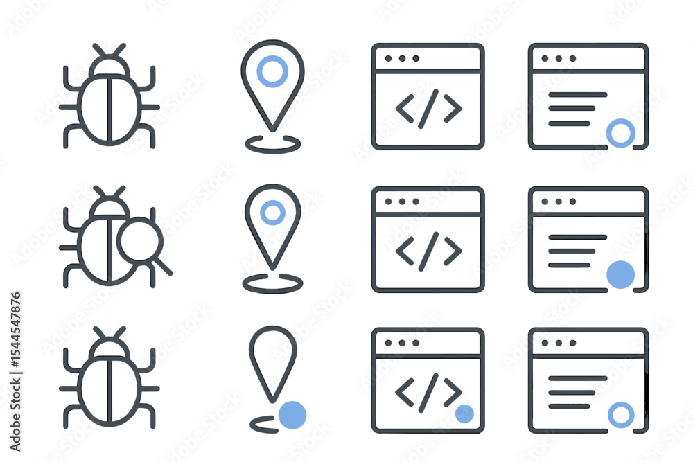 Poster digital interface icons with bugs, location pins, and code windows