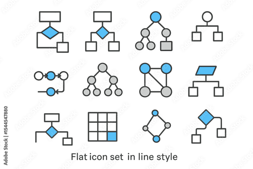 Poster geometric flowchart icons in line style on gray background