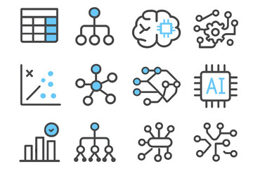 Fototapeta premium Ai and data icons: machine learning, neural networks, graphs, technology