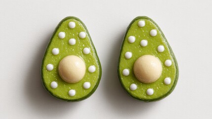 Pair of cute, decorated avocado with polka dot icing, isolated on a white background