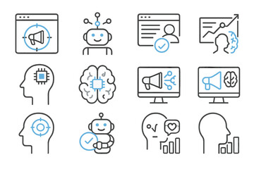 Artificial intelligence concepts with robot icons and human brain illustrations