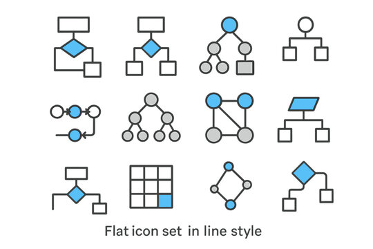 Geometric flowchart icons in line style on gray background
