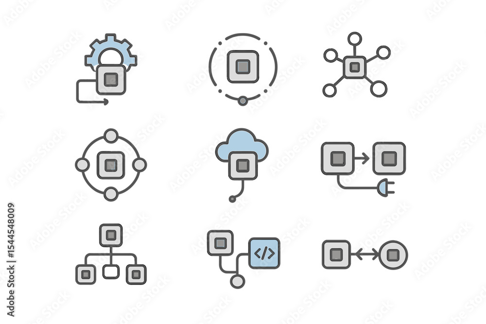 Poster technology icons set: networking, cloud, settings, programming concepts
