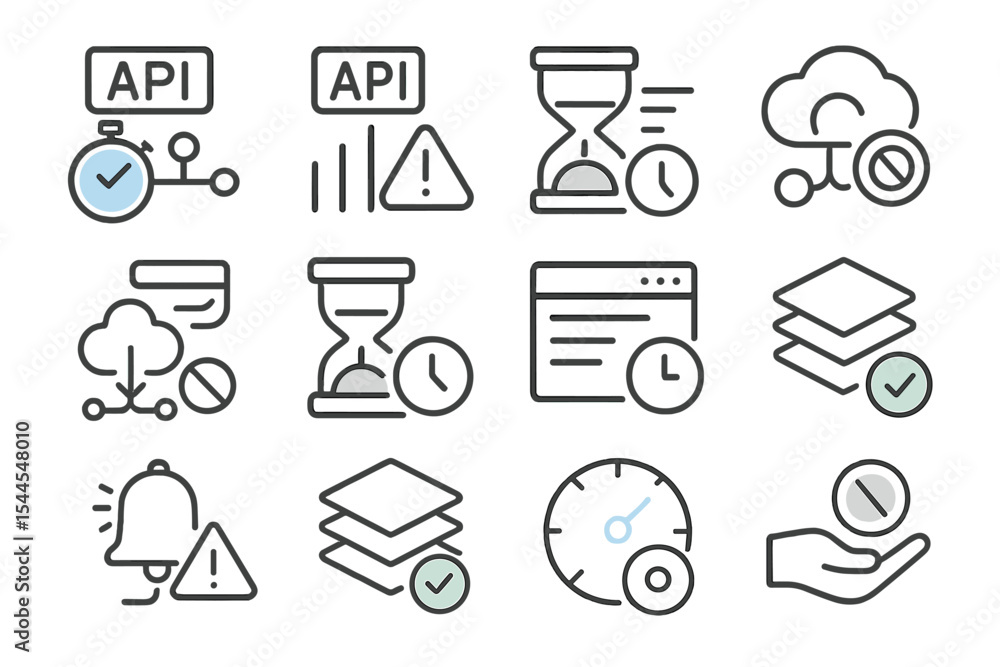 Poster api and cloud computing icons with time and alert symbols