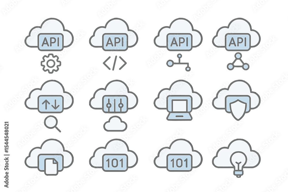 Poster cloud computing api icons with gear, code, network, security, and download symbols