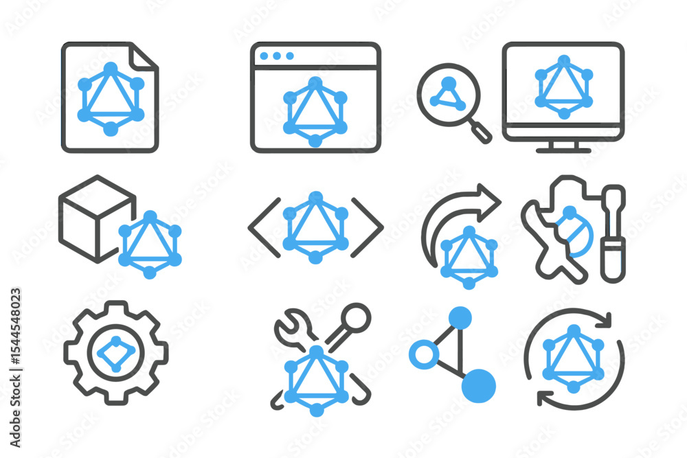 Poster glowing blue tech icons with network and tools on dark background