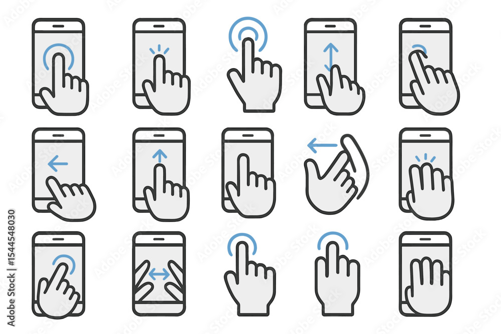 Poster touchscreen gesture icons set: swipe click tap for mobile interfaces