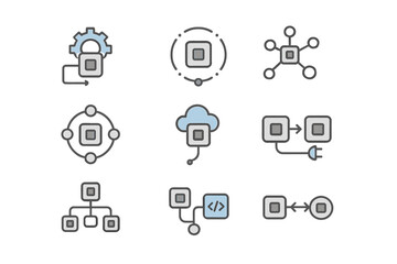 Technology icons set: networking, cloud, settings, programming concepts