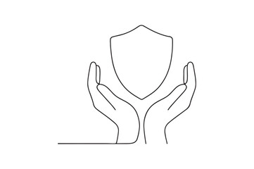 Hands holding shield continuous one line drawing minimalism design