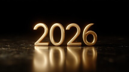 Luxurious golden 2026 numbers with reflection on a dark background