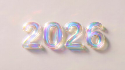 Dreamy iridescent 2026 numbers with holographic light effects on a pastel background