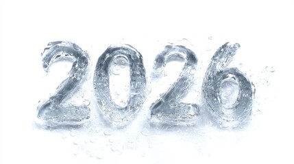 The year 2026 sculpted from ice on a white background