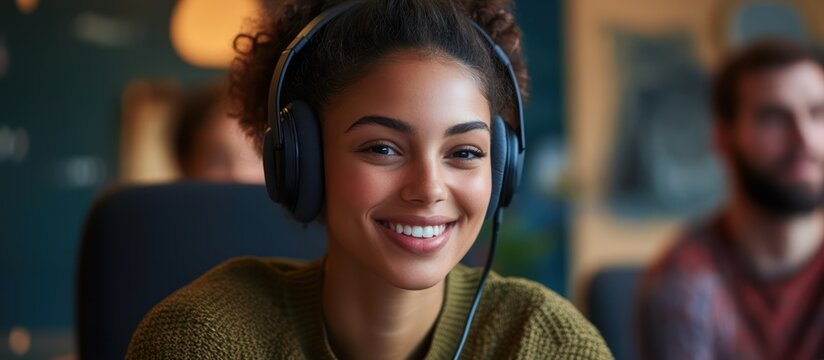 Happy young woman wearing headphones