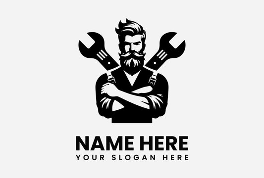 A strong, bearded mechanic with crossed arms, shoulders bearing wrenches, symbolizes skilled repair services.