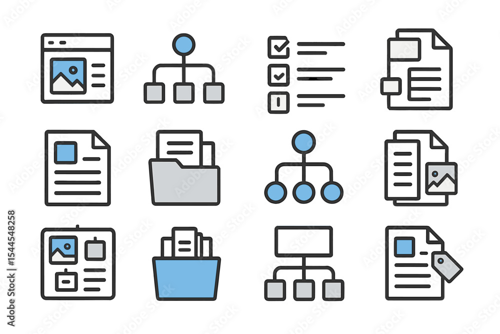 Poster web and document management icons in grid layout on gradient background