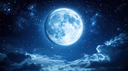 Fototapeta premium A full moon shines brightly in the night sky with clouds and stars creating a serene atmosphere