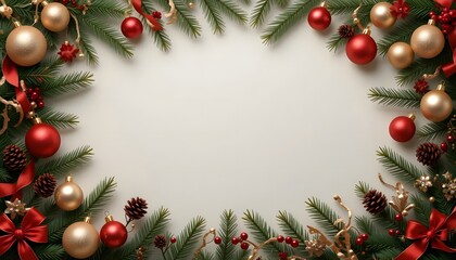 Elegant Christmas Decorations Frame with Spruce Twigs and Ornaments – Free Space for Text