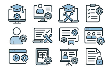 E-learning icons set with gear and computer elements for online education