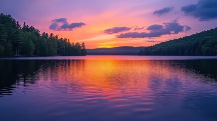 Obraz premium Sunset reflection over a calm lake surrounded by trees and hills under a colorful sky scene view