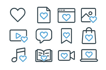 Icons with heart symbols: web, media, shopping, music, and communication