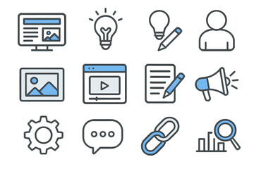 Digital marketing icons: creativity, communication, strategy, design, technology