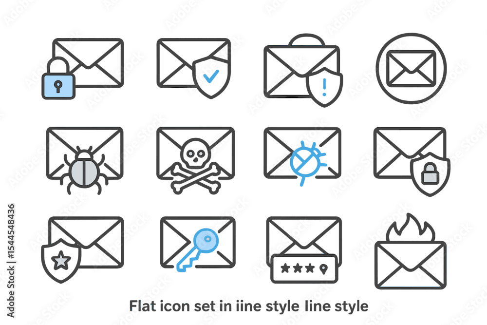 Poster email security icons collection in line style with various alerts