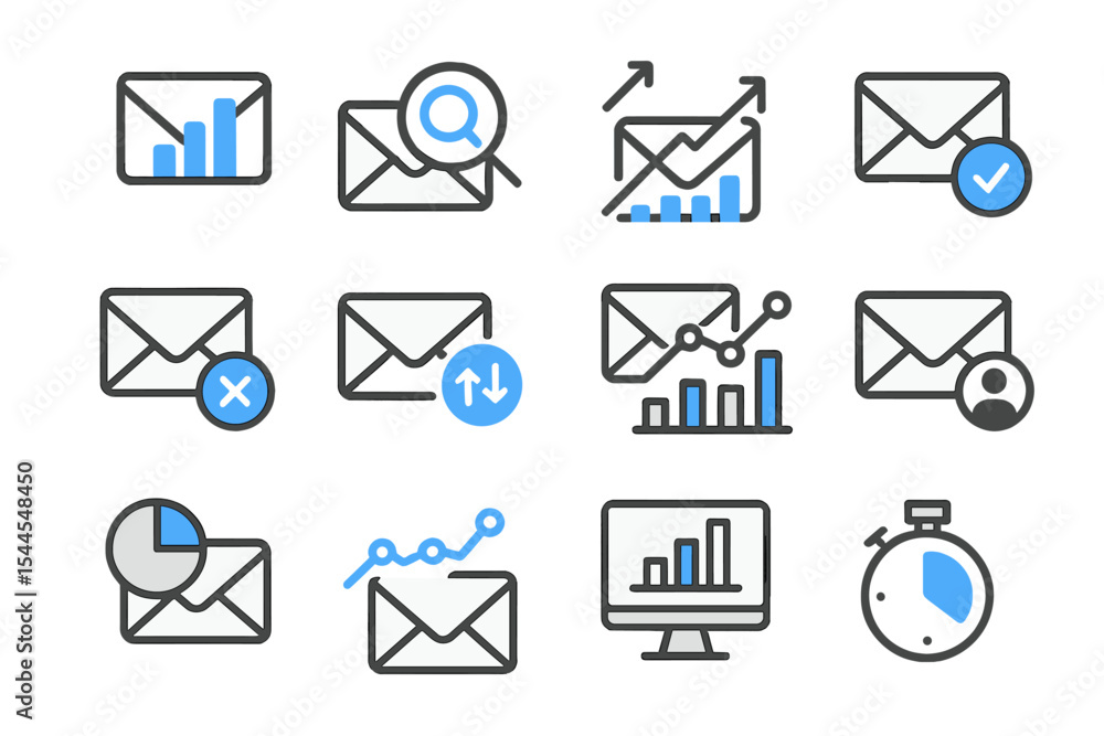 Poster email and data analytics icons on dark background with graph elements
