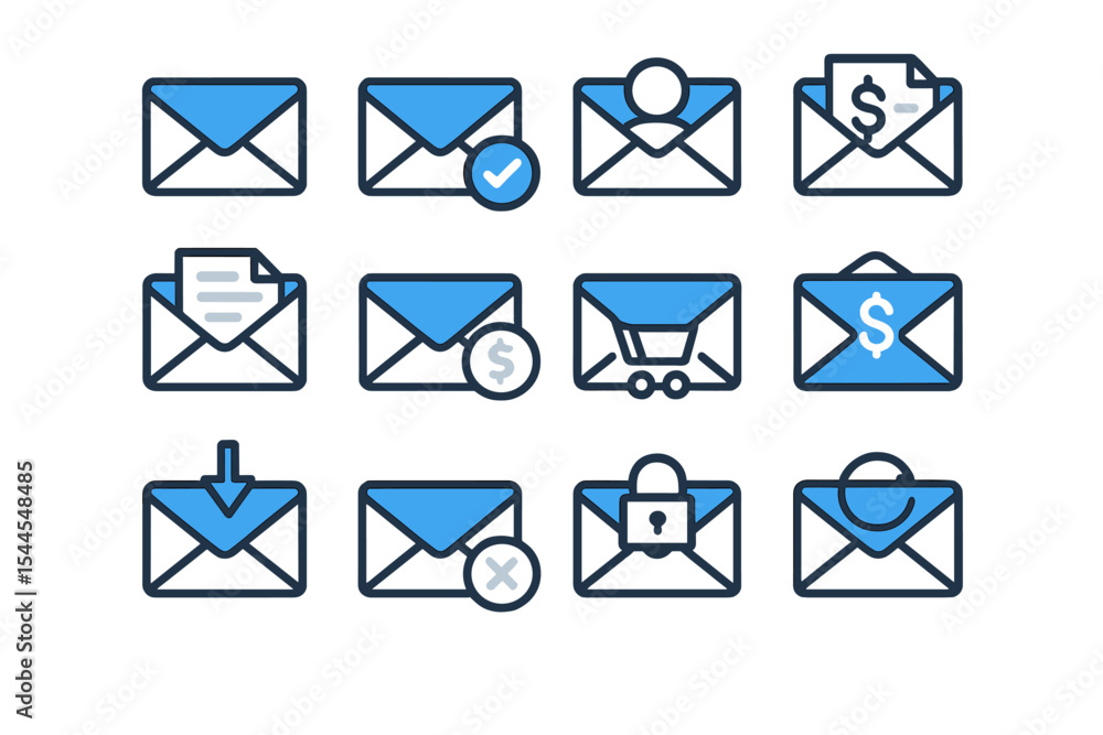 Poster set of blue email icons with various symbols and functions on dark background