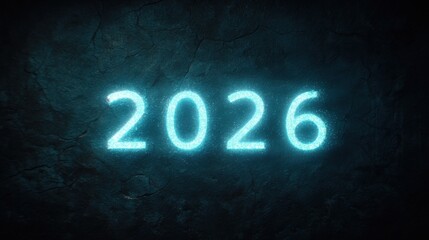 Glowing blue neon 2026 sign on a dark, textured rock wall