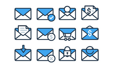 Set of blue email icons with various symbols and functions on dark background