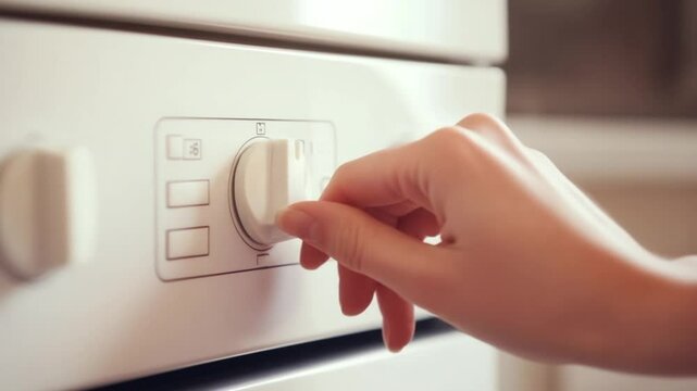 Close-up of a hand adjusting the temperature knob of a white oven