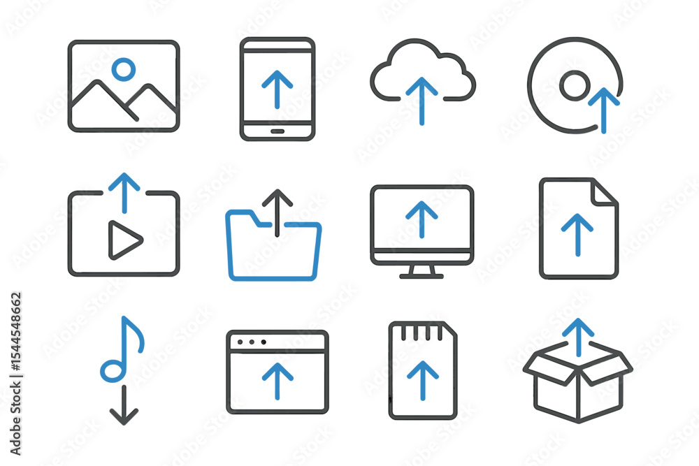 Aufkleber digital file upload icons set with cloud and arrow symbols