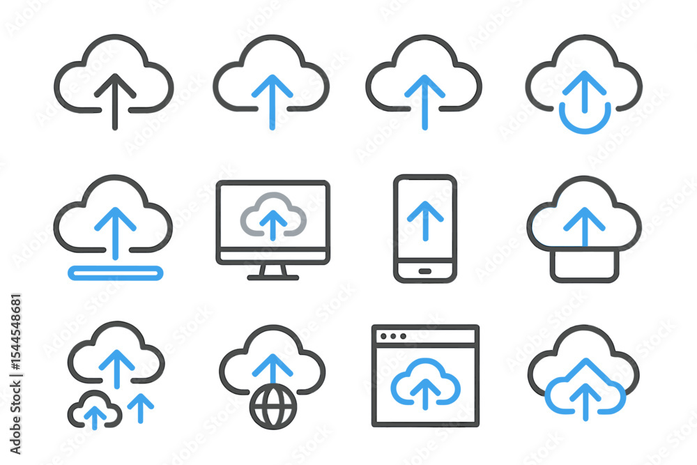 Poster cloud icons with upload arrows in blue on dark gradient background