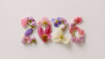 The year 2026 beautifully arranged from delicate, colorful flower petals on a white background