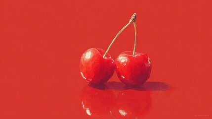 Vibrant pair of fresh cherries with reflection on a minimalist red background