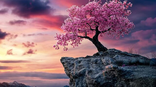 Sakura tree on a cliff against a stunning twilight sky, Sakura tree on a cliff with dramatic twilight sky seamless ing time lapse background