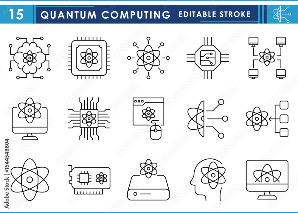 Poster a set of line icons related to quantum computing. science, chips, processor, intelligence, computer,