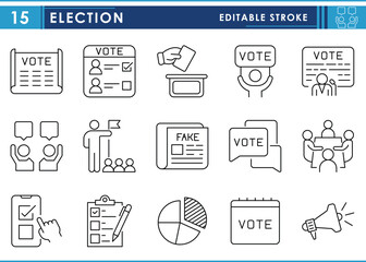 A set of line icons related to Election. Elect, vote, fake, news, party, leadership, democracy, and so on. Vector editable stroke.