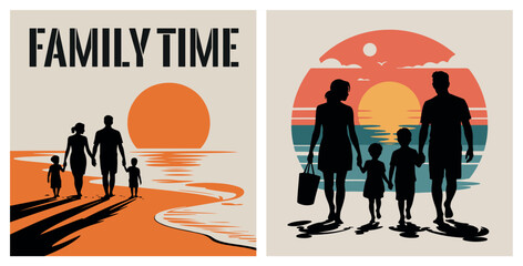 Family Beach Walk at Sunset &ndash; Bold Summer Silhouette Vector in Retro Color Style