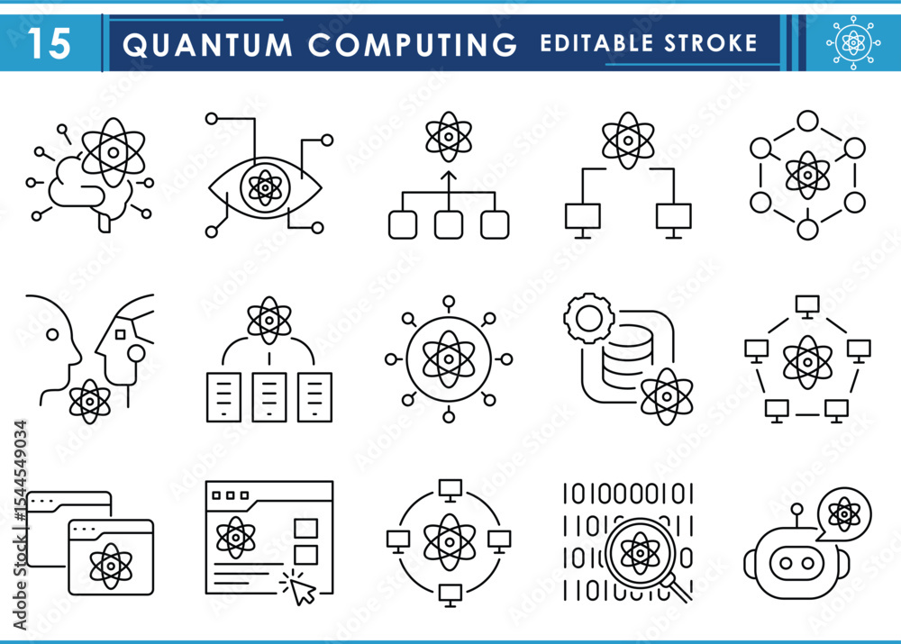 Poster a set of line icons related to quantum computing. compute, processor, database, website, connect, br