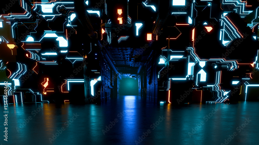 Poster 3d rendering grunge sci-fi concrete background cyber empty studio.