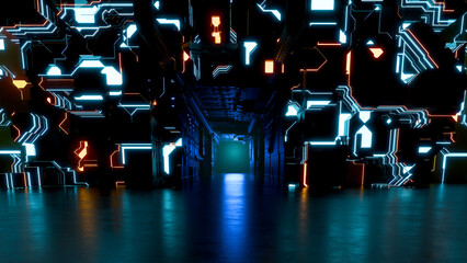 3D rendering grunge sci-fi concrete background cyber empty studio.